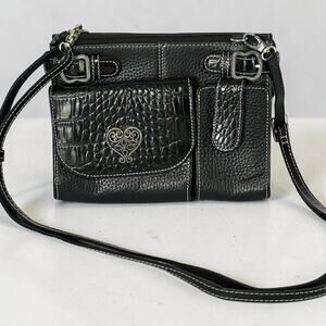 VTG Brighton Liza French Kiss Crossbody Organizer Shoulder Bag Black Leather Y2K